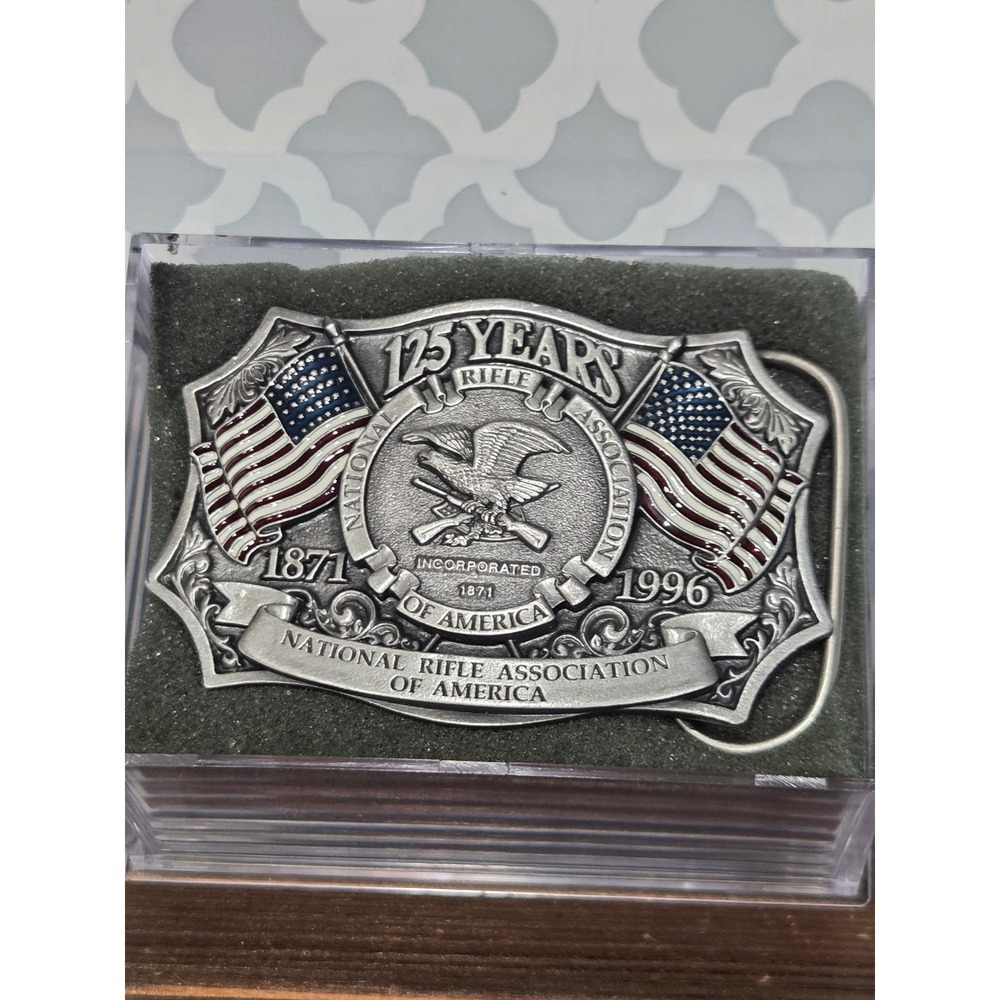NRA 125th Anniversary Belt Buckle Eagle American Flags 1871-1996 Vintage